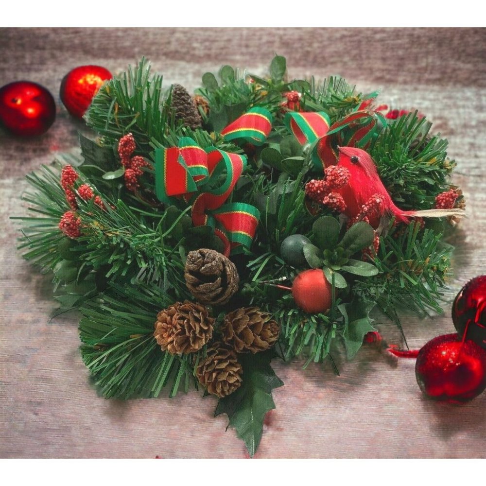 Christmas Candle Holder Ring Centerpiece Cardinal Bird Rustic Pine Cones 1960s